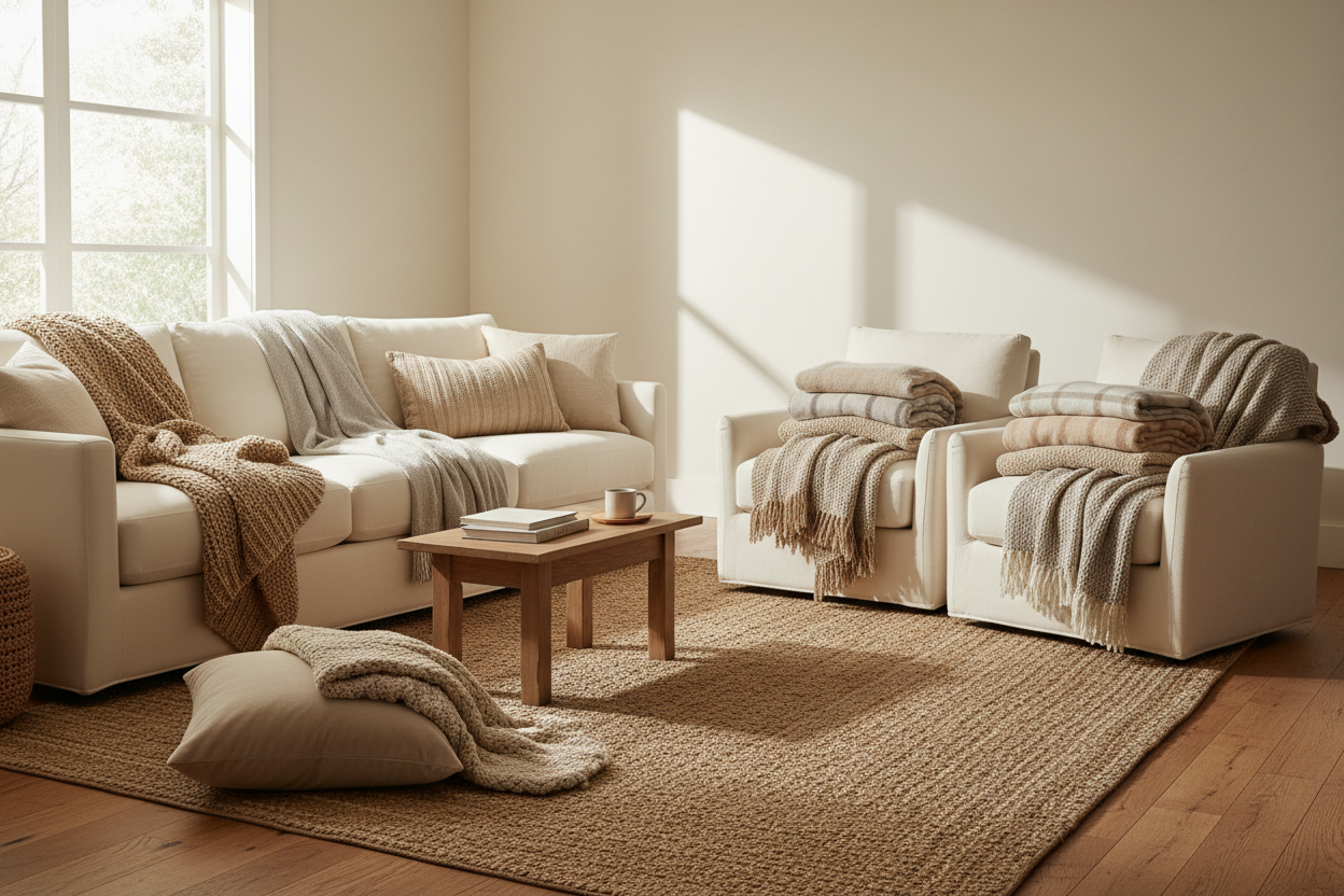 Un image  vaste representant des couvertures et plaids dans une maison coocconing avec els tons beiges bien vaste pour une banniere pour la collection "couvertures & plaids"